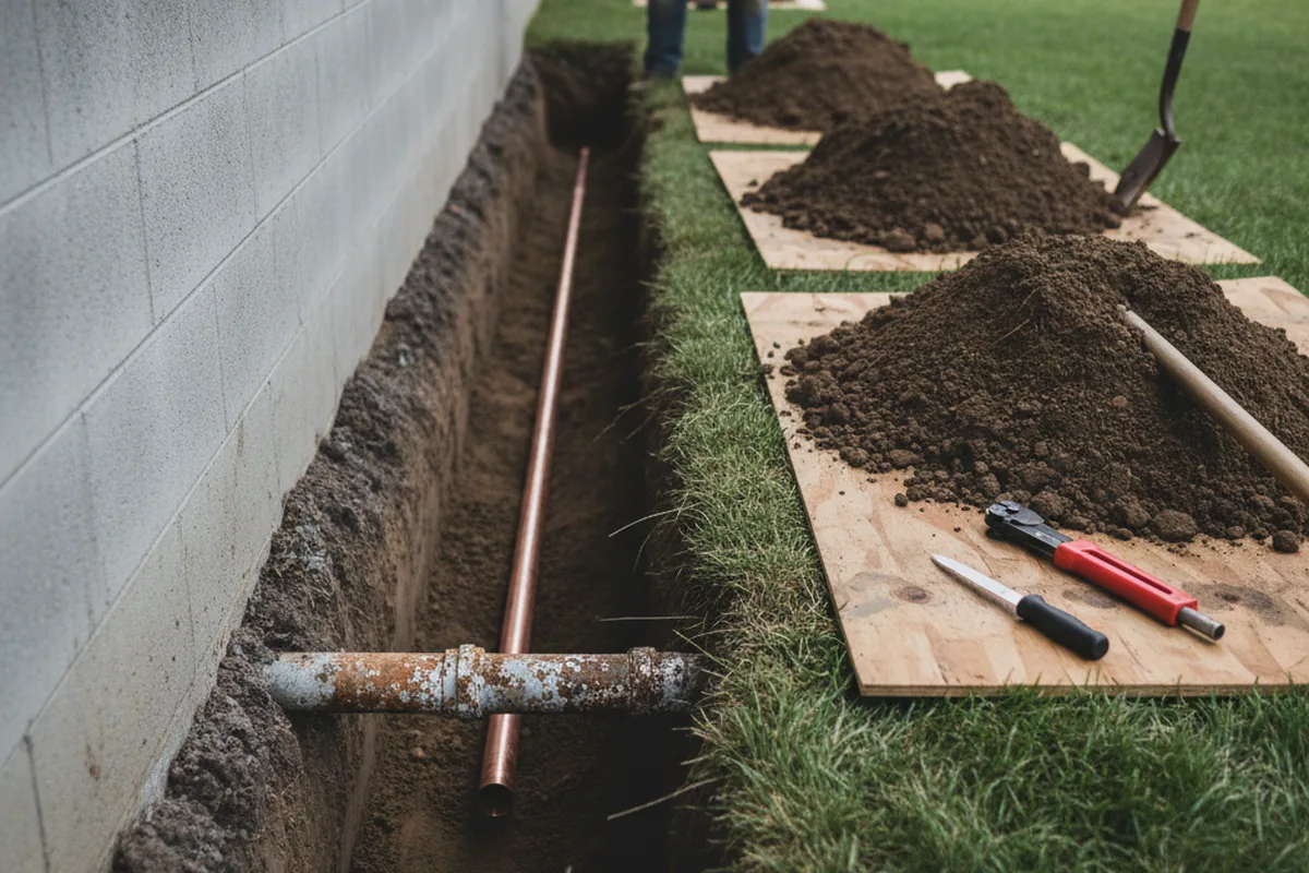 Excavated water line trench during Sewer Line Repair in Ortonville